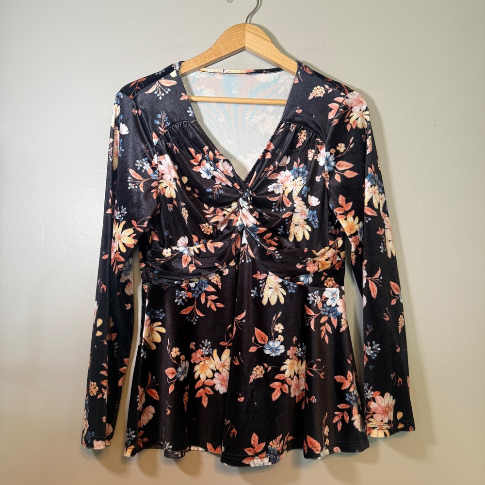 Black Floral Velvet Twist Front V-Neck Long Sleeve Peplum Top Blouse Small